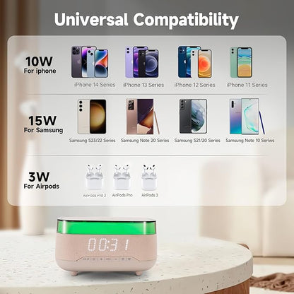 Bluetooth Speaker Alarm Clock with Night Light,6 in 1 Wireless Charging Station for iPhone 17/16/Samsung Series,Clock for Bedroom Adjustable 3 Levels Digital Brightness Touch Snooze Sleep Timer 12/24H