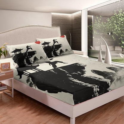 Manfei Karate Fitted Sheet Full Size, Japanese Style Sports Theme Bedding Set 3pcs, Japanese Kungfu Bed Cover with 2 Pillowcases, Kids Boys Teens Adult Room Decor, Soft Bedding(No Top Sheet)