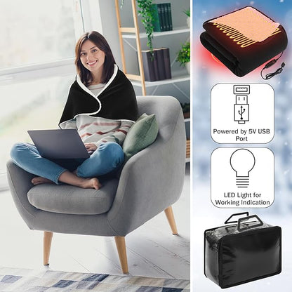 Tuanse 2 Pcs USB Heated Blanket 25"x35" Small Portable 5v 3 Setting Electric Blanket with Timer and Temperature Controller Winter Wearable Recharge Throw for Travel Home(Black)