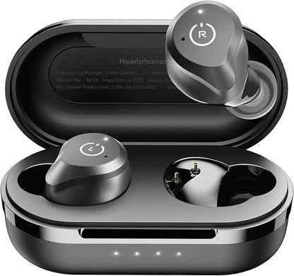 TOZO NC9 Hybrid Active Noise Cancelling Wireless Earbuds, in Ear Headphones IPX6 Waterproof Bluetooth 5.3 Stereo Earphones, Immersive Sound Premium Deep Bass Headset Matte Black.