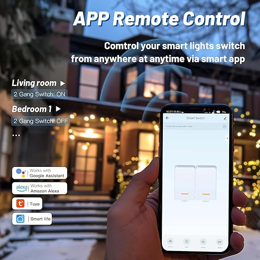 BSEED Smart Light Switch, 2 Gang WiFi Alexa Light Switch with Remote APP Control and Timing Function, Single Pole White Light Switches Work with Alexa, Google Assistant, Voice Control, Group Control