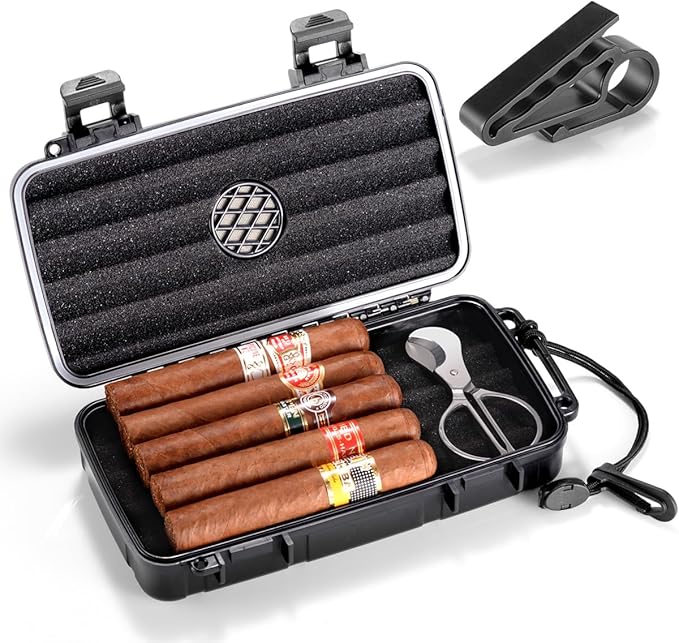 Portable Cigar Humidor Case - Travel Cigar Box with Built-in Humidifier Disc, Stickers & Cigar Cutter | Airtight | Portable | Water/Crushproof (Holds up to 5 Cigars)