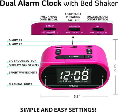 Riptunes Loud Alarm Clock with Bed Shaker for Heavy Sleepers & Hearing Impaired - Dual Alarm for Bedroom Weekday and Weekend Settings USB Charging, Dimmer, Snooze