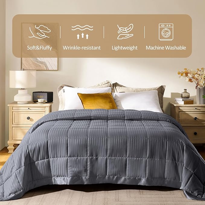 downluxe Queen Size Blanket with Satin Trim, Lightweight Down Alternative Blankets Queen Size for All Season, Machine Washable (Grey, 90x90 Inch)