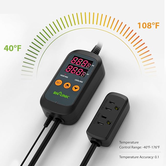 BN-LINK Smart WiFi Digital Temperature Controller Heating Cooling, Works with Alexa and Google Home. For Reptiles Aquarium Carboy Homebrew Breeding Fermenter Seed Germination °C/°F -40-176°F 15A/1875W