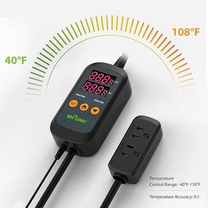 BN-LINK Smart WiFi Digital Temperature Controller Heating Cooling, Works with Alexa and Google Home. For Reptiles Aquarium Carboy Homebrew Breeding Fermenter Seed Germination °C/°F -40-176°F 15A/1875W