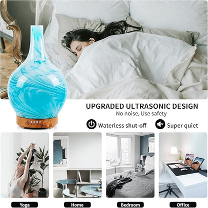 Porseme 150ml Essential Oil Diffuser Glass Color Changing Aroma Air Diffusers Aromatherapy Ultrasonic Cool Mist Humidifier 6 Running Hours Waterless Auto-Off for Sleeping, Yoga, Office, Spa(Blue Wave)