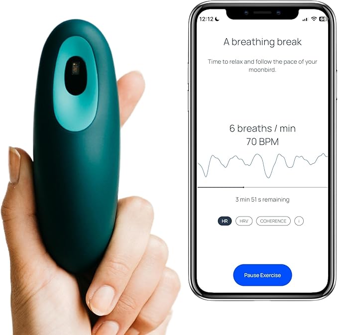 Moonbird Breathing & Meditation Device - Instant Stress Relief, Anxiety Relief, Relaxation for Women & Men - Helps with Better Sleep, Stress, and Overall Health- Biofeedback Device - Blue Green
