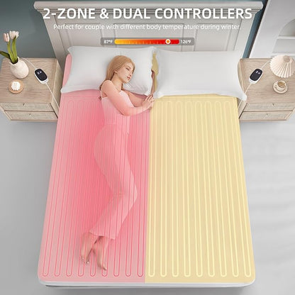 Heated Mattress Pad Electric Mattress Dual Controller Bed Warmer 9 Heat Settings, 1-12 Hours Auto Off Memory Function Deep Pocket, Fast Heating, Machine Washable Cal King 72" * 84"