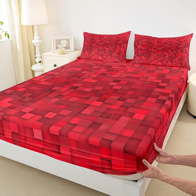 Pixel Grid Kids Full Size Fitted Sheet,Pixelated Video Game Gamepad Boys Girls Bed Sheets,Geometric Square Gaming Room Decor,Red Bedding Set,2 Pillowcases(No Flat)
