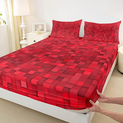 Pixel Grid Kids Full Size Fitted Sheet,Pixelated Video Game Gamepad Boys Girls Bed Sheets,Geometric Square Gaming Room Decor,Red Bedding Set,2 Pillowcases(No Flat)