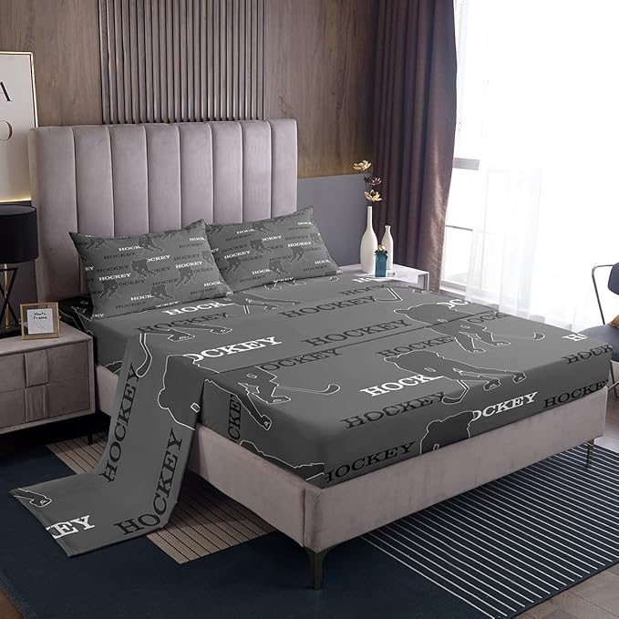 Manfei Hockey Players Kids Sheet King Size, Easy Wash Bedding Set,Ball Activity Game Boys Girls Room Decor,Gray Sheet(Fitted+Flat+2 Pillowcases)