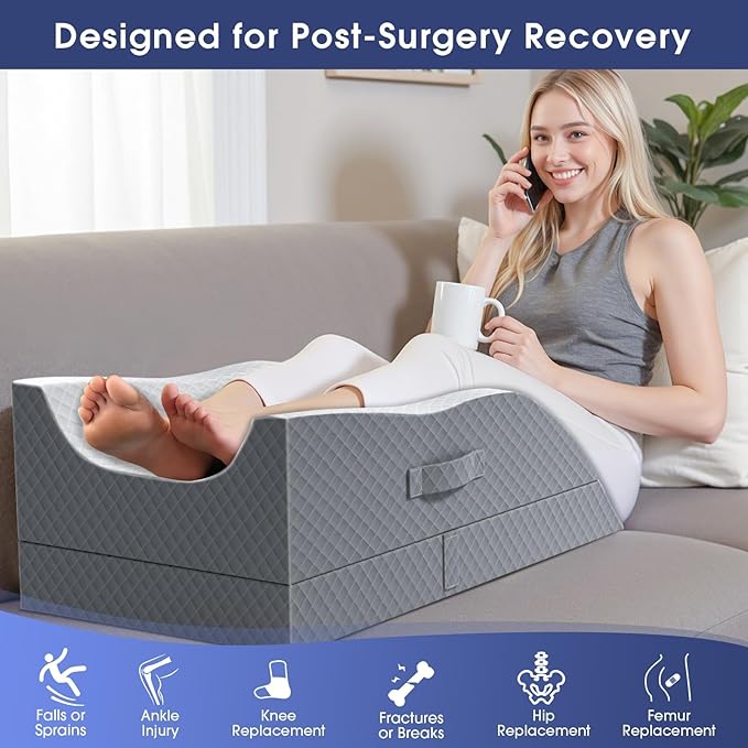 Leg Pillow, Leg Elevation Pillow with Pad and Memory Foam, Height Adjustable Bolster Pillow for Legs, Leg Pillow Elevation Blood Circulation, for Post-Surgery, Grey & White