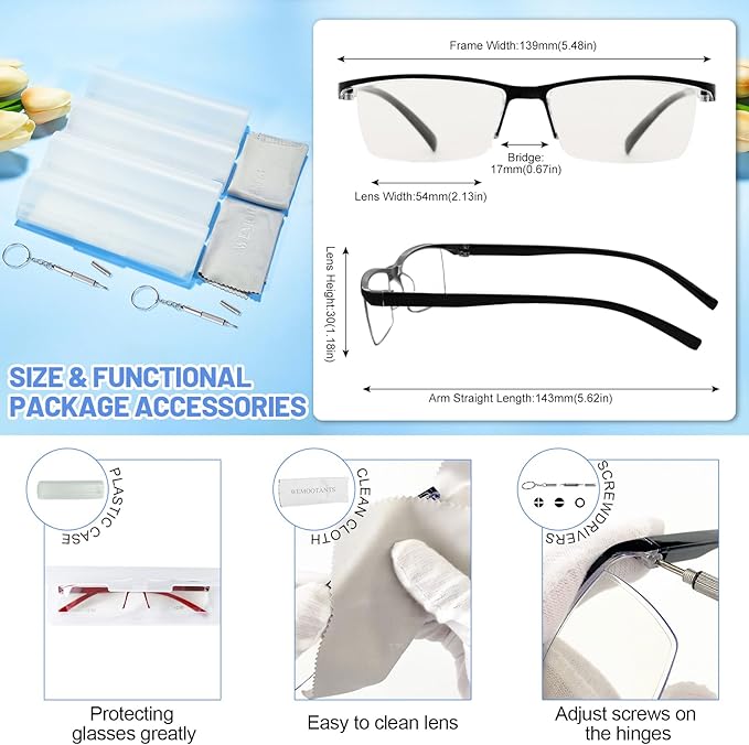 4 Packs 3.0 Reading Glasses for Women Blue Light Blocking Half Rim Red Readers 1.00 1.50 2.00 2.50 3.00 3.50 4.00