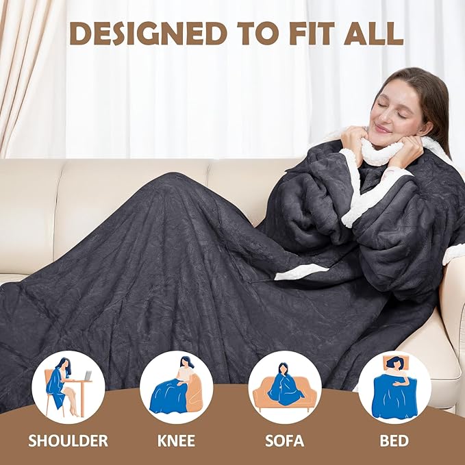 Wearable Heated Blanket with Foot Pocket, 52"x72" Electric Blanket with Sleeves for 12 Hours Timer, 6 Heat Settings, Flannel & Sherpa, Gray