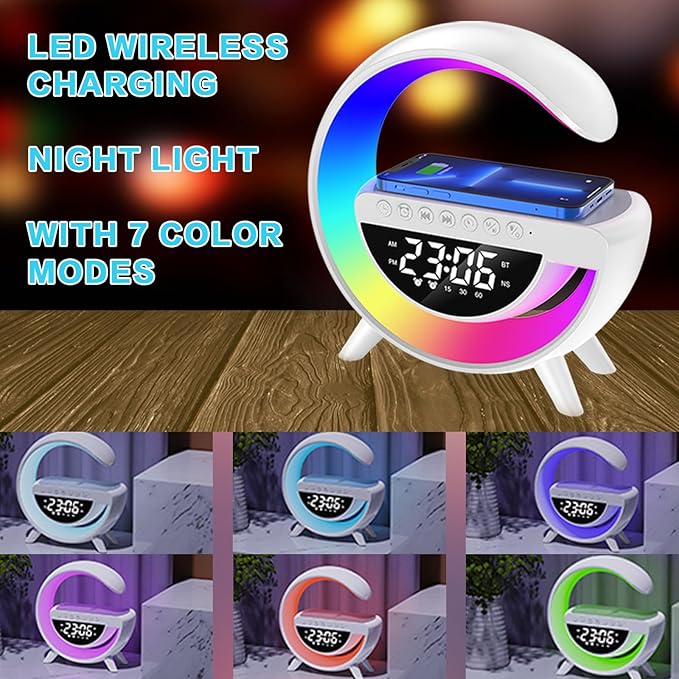 Wireless Charging Table Lamp, Multifunctional Bluetooth Speaker & Alarm Clock - LED Bedside Desk Lamp Night Light for Heavy Sleepers, Superfine Bedroom Home Decoration (White)
