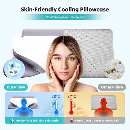 DUMOS Cervical Neck Pillow for Sleeping, Cooling Ergonomic Memory Foam Pillow with Arm Rest Slot and Ice Silk Pillowcase, Dual Height Orthopedic Support Contour for Side, Back, Stomach Sleepers
