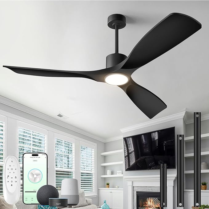 52"Smart Ceiling Fan with Lights,Outdoor Ceiling Fan Work with Alexa/Gg/App/Remote,3-Color Light Dimmable 6-Speed Quiet Reversible for Patio Porch Bedroom,Black