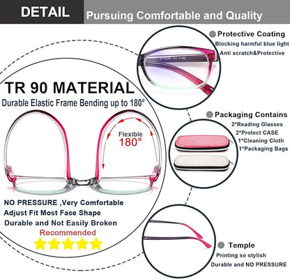 EYEURL Reading Glasses for Women, 2 Pack Blue Light Blocking Readers Lightweight Filter UV Ray/Glare Anti Eyestrain 1.5