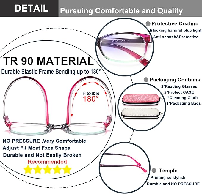 EYEURL Reading Glasses for Women, 2 Pack Blue Light Blocking Readers Lightweight Filter UV Ray/Glare Anti Eyestrain 4.0