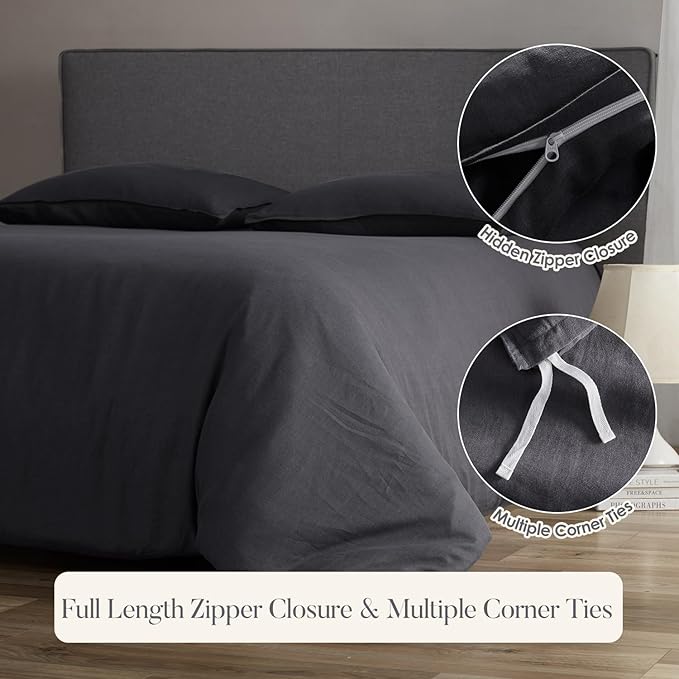 DAPU 100% Linen Duvet Cover, Pure Natural French Flax Linen with 8 Corner Ties&Zipper Closure Soft Breathable Durable for Hot Sleepers 1 Duvet Cover 2 Pillowcases(Dark Gray, California King)