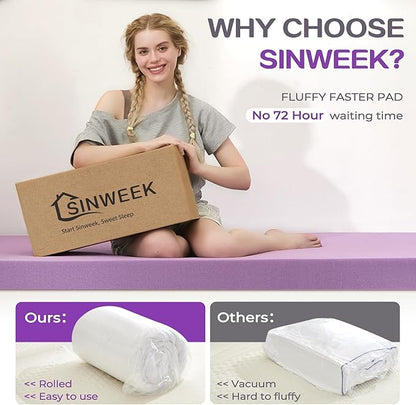 SINWEEK Dual Layer 5 Inch Memory Foam Mattress Topper Twin Size, 3 Inch Gel Memory Foam Plus 2 Inch 1450 GSM Down Alternative Quilted Pillow Top Mattress Pad Cover, White