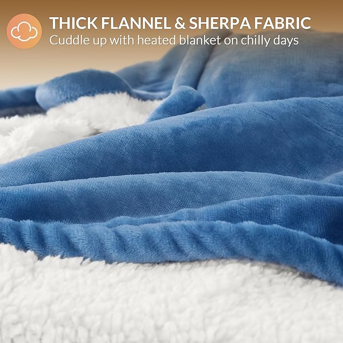 HOMLYNS LuxeHeat Heated Blanket Electric Blanket Queen Size, Soft Flannel Sherpa Heating Blanket with 10 Heat Settings, 1-10 hrs Timer Auto Shut Off (84x90 inches, Blue)