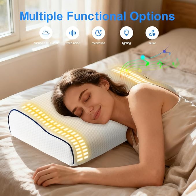 Hopihe Smart Sunrise Alarm Clock Pillow Sound Machine for Sleep with Bluetooth Speaker & Sunset Simulation, Cervical Pillow with White Noise Machine,Wake-Up Light for Sleep Bedroom Home Decor