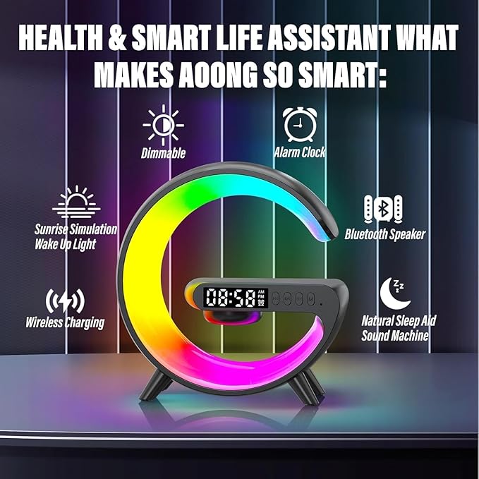 2026 New Wireless Speaker Charger, Smart Alarm Clock LED Table Lamp Bluetooth Speaker Atmosphere Bedside Light with Wireless Charging Station,Alarm Clock Music Lit Lamp Christmas Gift