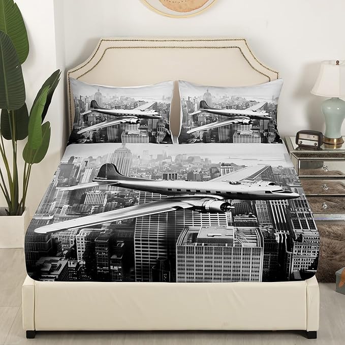 3D Airplane Kids Fitted Sheet Twin Size,Modern Flying Plane Aviation Aircraft Bedding Set,Boys Girls Room Decor,High Building Retro Bed Cover,Grey Fashion Bed Sheet,1 Pillowcase