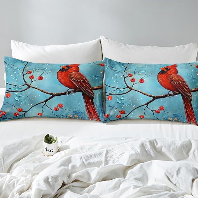 Red Bird Bed Sheet Set for Kids,Winter Plum Blossom Garden Parrot Sheets Set,Rustic Farmhouse Animal Natural Blue Home Decor Sheet Sets with Deep Pocket,Top Flat Sheet,Twin Size
