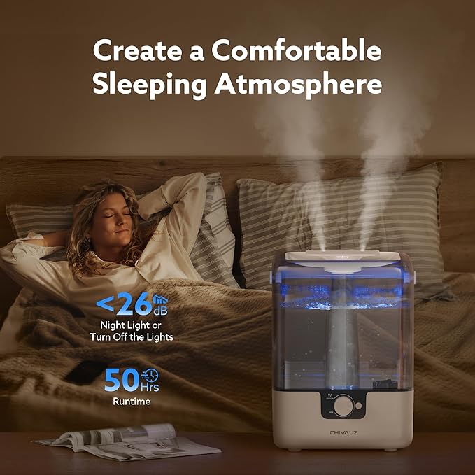 CHIVALZ Humidifiers for Bedroom Large Room Home, 6L Cool Mist Humidifier for Baby and Plant, Oil Diffuser, Top Fill Humidifier with Night Light, Quiet 23dB, Up to 26H, White 1Pack