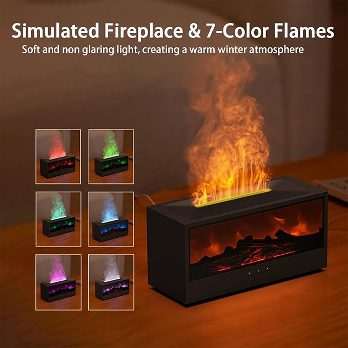 Fireplace Flame Diffuser, 150ml Desktop Intelligent Ultrasonic Essential Oil Diffuser, 7-Color Flame Simulation Firewood Diffuser, Remote Control, Timer & Auto-Off for Home, Room (Black)