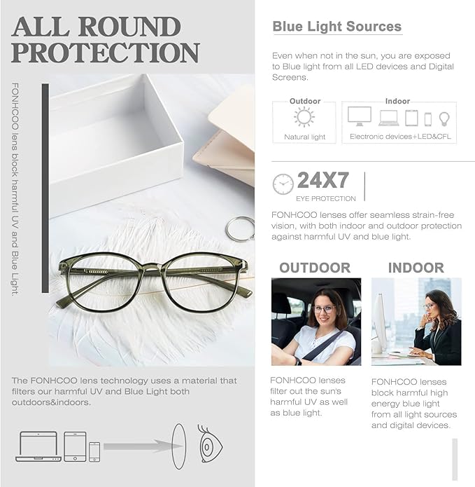 FONHCOO Blue Light Blocking Glasses Women Men Computer Eyeglasses,TR90 Fashion Round Transparent Anti Blue Light Glasses with Anti Eyestrain & UV Glare for Gaming & Reading (Green)