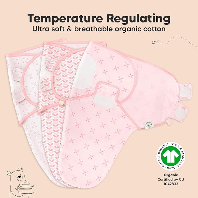 3-Pack Organic Baby Swaddle Sleep Sacks - Swaddles for Newborns, Infant 0-3 Months, Baby Girls, Boys, Soft & Snug Newborn Sleep Sack, Nursery Swaddling Blankets (Blossom, OS)