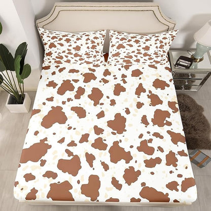 Rustic Cowhide Full Size Fitted Sheet,Farmhouse Brown Beige Cow Fur Print 3 Pieces Kids Teenager Room Decor Western Cowboy Animal Skin Graffiti Pocket 2 Pillowcases
