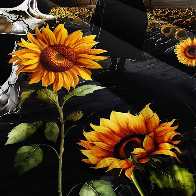 Skull Comforter Set for Gothic Decor Bedroom,Sunflower Floral Bat Print Bedding Twin Size Comforter Set for Kids Boys Girls,Dark Night Halloween Horror Bedding Set with 2 Pillowcases.