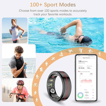 Fit Ring for Women Men, Ring Health Tracker with Heart Rate,Blood Oxygen,Heart Rate Variability, Stress, Sleep Monitor, Step Counter, Smart Ring for iPhone & Android, No Subscription Fee (Black, 8#)