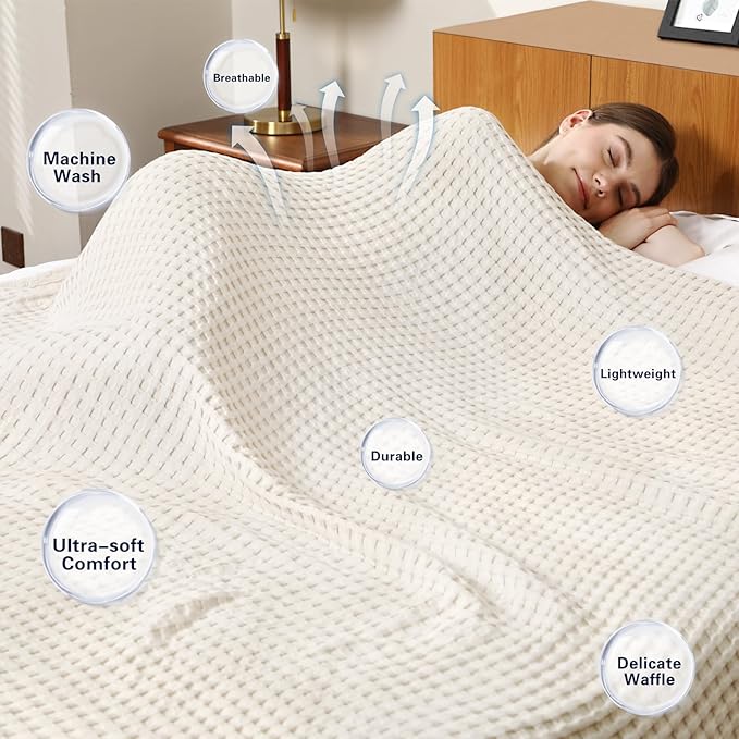 Aganear Waffle Blanket - Lightweight Breathable Summer Blanket of 50% Cotton and 50% Rayon Derived from Bamboo for Hot Sleepers Luxury Throws for Bed, Couch and Sofa,Beige,90x90 Inches