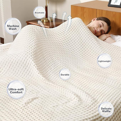 Aganear Waffle Blanket - Lightweight Breathable Summer Blanket of 50% Cotton and 50% Rayon Derived from Bamboo for Hot Sleepers Luxury Throws for Bed, Couch and Sofa,Beige,50x70 Inches