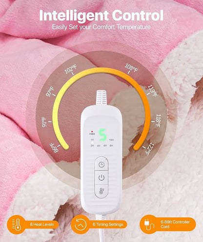Portable Heated Blanket - Wearable Heated Blanket Throw with Foot Pockets, Sleeves Flannel Sherpa Wearable Blanket 8 Heating Levels & Timer Snuggle Blankets for Home Office-50*70" Pink Robes for Women