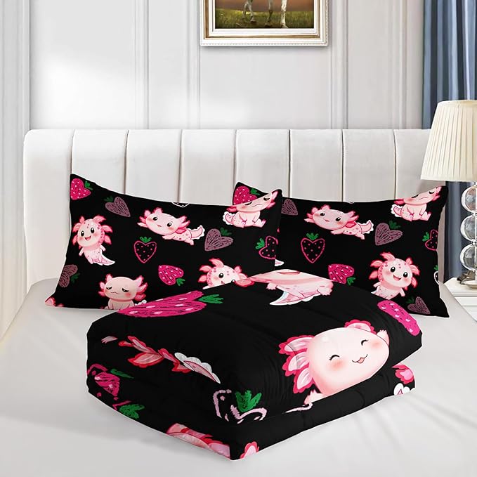 Cute Axolotl Bedding Set Queen Size,Pink Axolotl Strawberry Printed Comforter Sets Aesthetic Bedding for Kids Girls,Beach Coastal Animal Themed Comforter Sets with 2 Pillowcases.