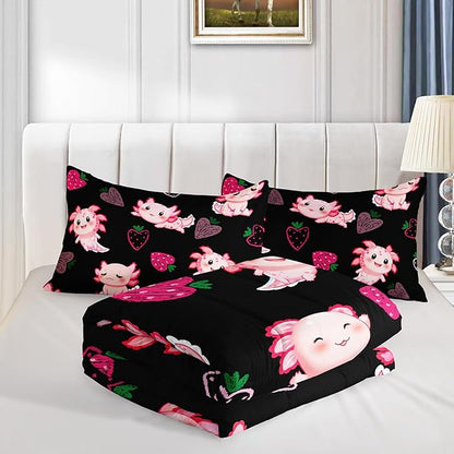 Cute Axolotl Bedding Set Queen Size,Pink Axolotl Strawberry Printed Comforter Sets Aesthetic Bedding for Kids Girls,Beach Coastal Animal Themed Comforter Sets with 2 Pillowcases.
