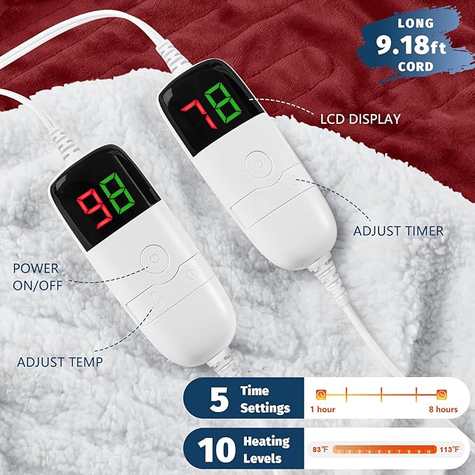 Heated Electric Blanket Queen Size - 84" x 90" Heating Blanket with Dual Control, 10 Heating Levels & 8 Hours Auto Off, Soft Warm Flannel Blanket, Christmas Birthday Gifts for Senior Grandma
