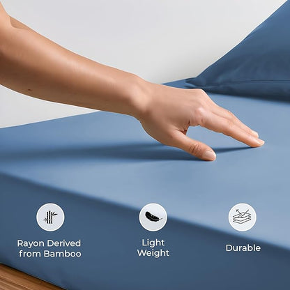 LINENWALAS Fitted Sheet Only Viscose Derived from Bamboo, Bottom Sheet for Twin XL Size Bed – 16” Deep Pocket, All Around Snug Fit – Cooling, Breathable, Soft, Hypoallergenic (Bahamas Blue, Twin XL)