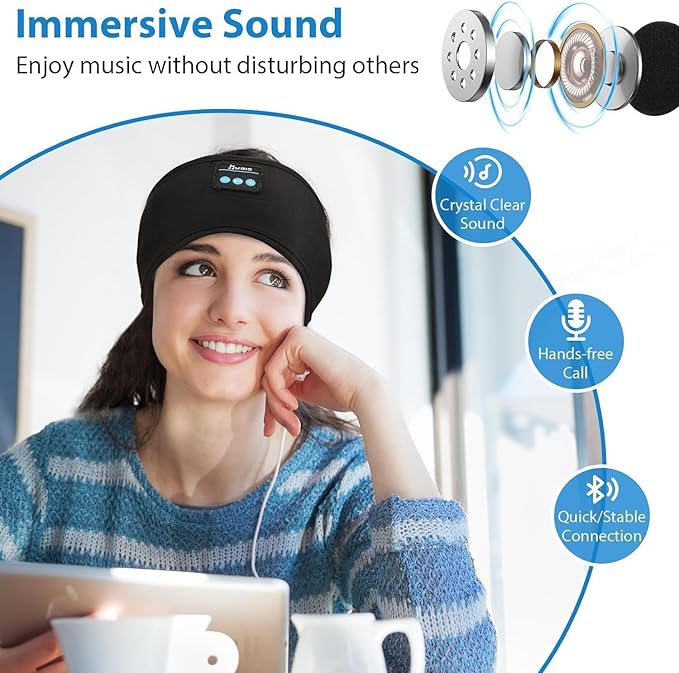 Adjustable Headband Headphones, Sleeping Headphones with Ultra-Thin Speakers, Bluetooth Headband for Side Sleepers, Yoga, Running, Workout, Travel-Black&Grey