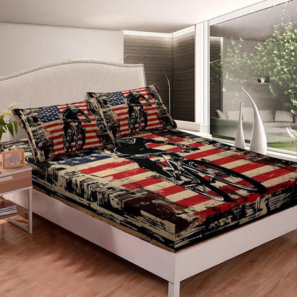 Manfei Cycling Fitted Sheet Full Size, Racing Sports Theme Bedding Set 3pcs, Bicycle Player American Flag Bed Cover with 2 Pillowcases, Kids Boys Teens Room Decor, Soft Bedding(No Top Sheet)