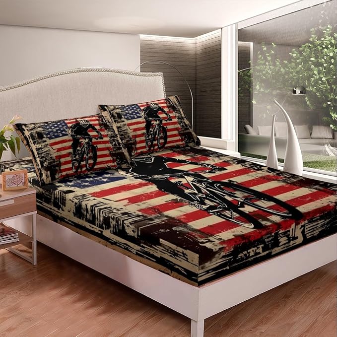 Manfei Cycling Fitted Sheet Queen Size, Racing Sports Theme Bedding Set 3pcs, Bicycle Player American Flag Bed Cover with 2 Pillowcases, Kids Boys Teens Room Decor, Soft Bedding(No Top Sheet)