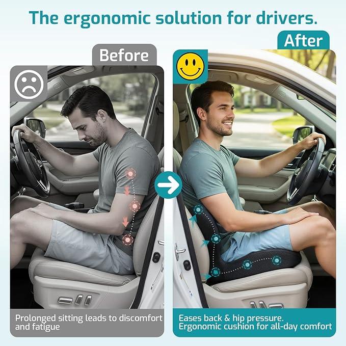 Trucker Seat Cushion, Car Seat Cushion Memory Foam Ergonomic Lumbar & Tailbone Support Pillow for Hemorrhoid, Coccyx & Sciatica Relief, for RV, SUV, Office Chair, Wheelchair (White Wings)