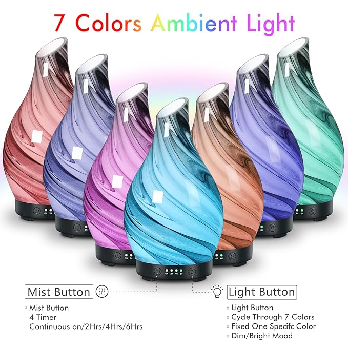 Essential Oil Diffuser Aroma Diffuser- 200 ml Art Glass Ultrasonic Cool Mist Oil Diffuser for Aromatherapy Auto Shut-Off Protection & 7 Colors Changed LED Light for Home Office Decor & Gift (200ml)